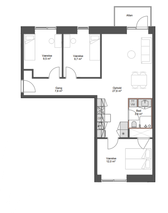 Nyopført 4-værelses lejlighed i Brokvarteret 15